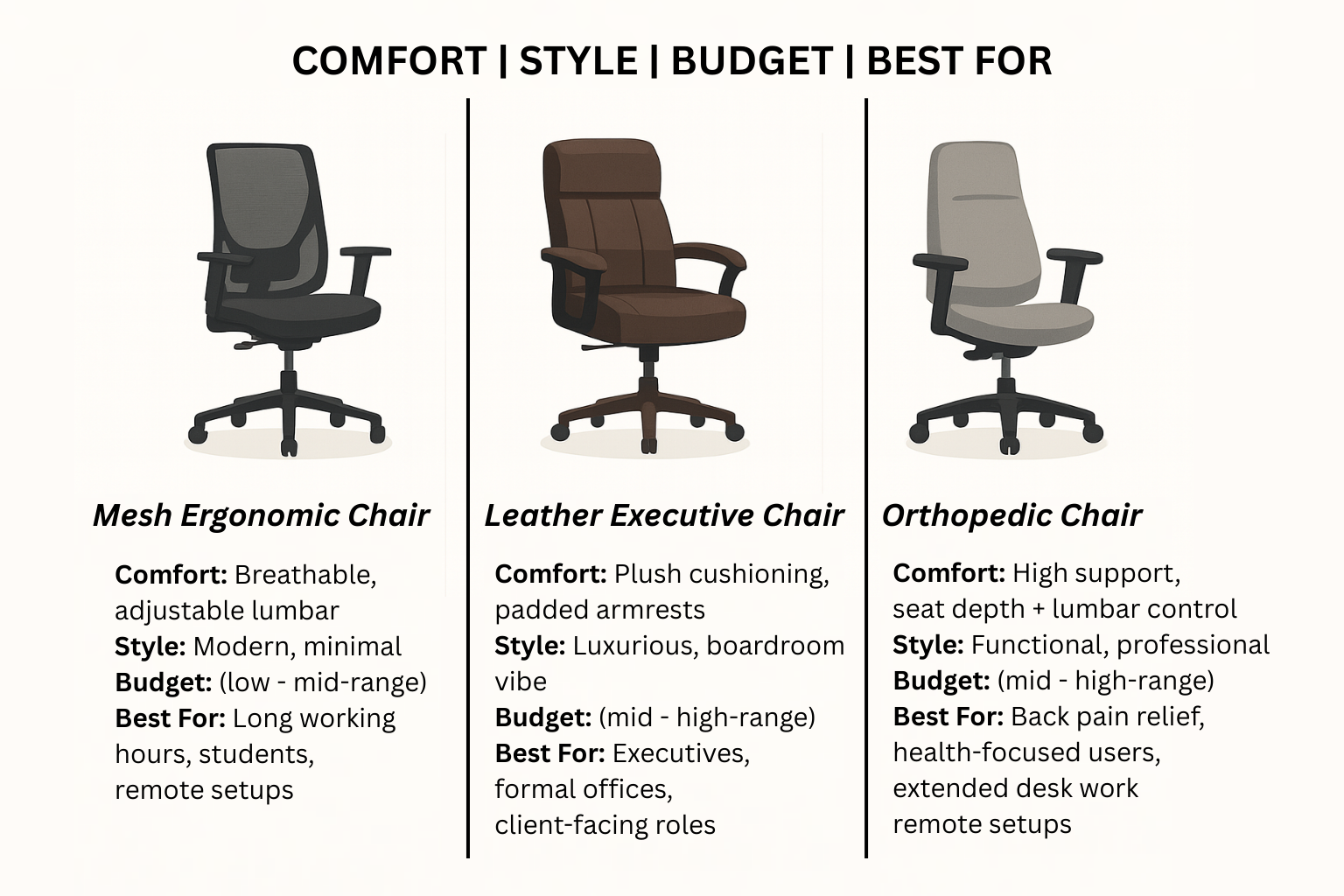 Comparison of mesh ergonomic vs leather executive vs orthopedic chair: comfort, style, budget, and best use cases.